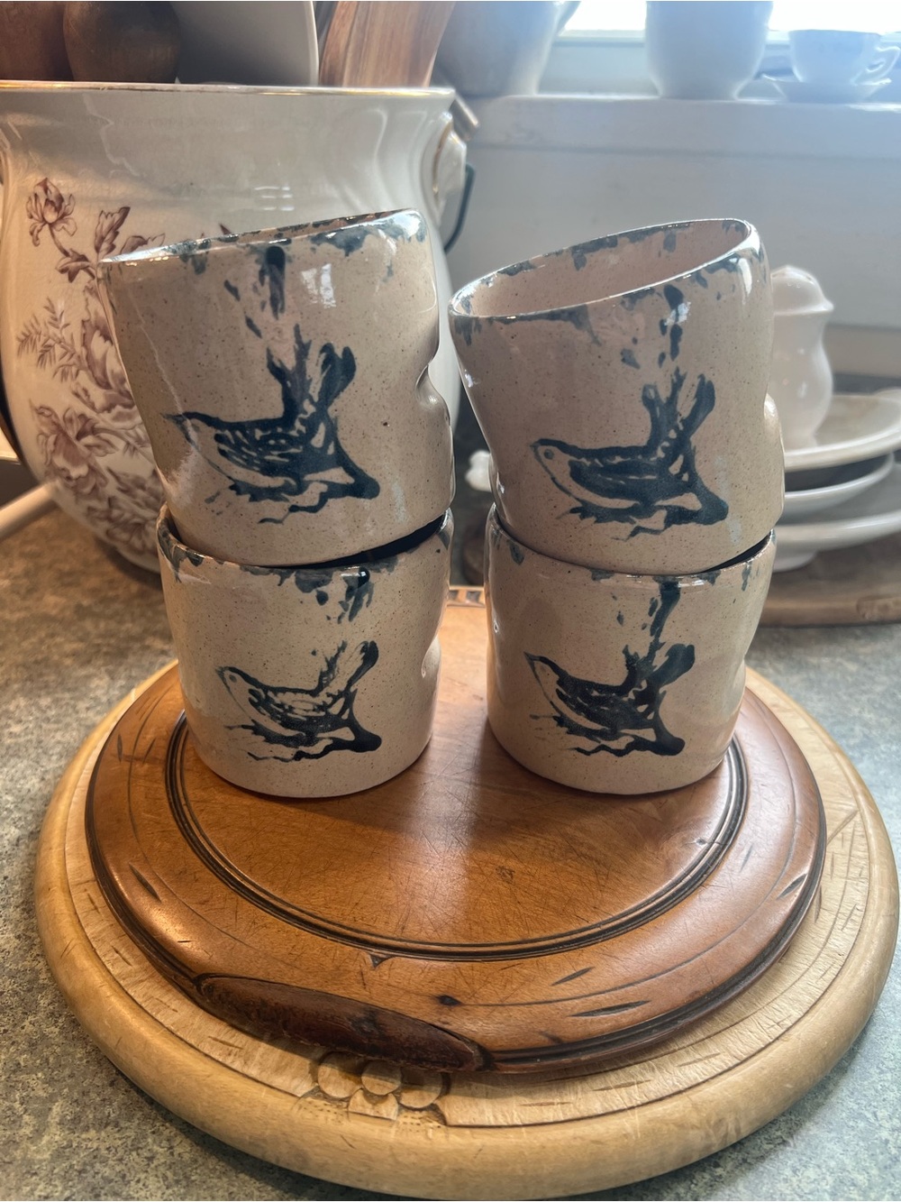 Vintage Bybee Pottery/ Cornelison Pottery
Handleless Bluebird Tumblers
(4) EUC